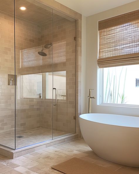 Step into serenity. This spa-like bathroom enveloped in earthy tones is the ultimate retreat. From warm neutrals to natural textures, every detail whispers relaxation. 🛁💆‍♀️ #unionhomedesign #VacationHome #CoastalChic #StMichaelsMD #InteriorDesignInspo #SpaBathroom #EarthyTones #SerenityNow #RelaxationStation Neutral Warm Bathroom, Warm Bathroom Colors Earth Tones, Natural Bathroom Design Earth Tones, Warm Neutral Bathroom, Bathroom Tan, Warm Bathroom Ideas, Natural Bathroom Design, Earthy Bathroom, Warm Bathroom