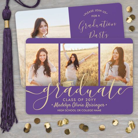 Graduation Party Purple, 4 Photo Collage, Graduation Invitations High School, 3 Photo Collage, Gold Graduation Party, Graduation Templates, Gold Foil Invitation, Graduation Party Invitation, Graduation Announcement