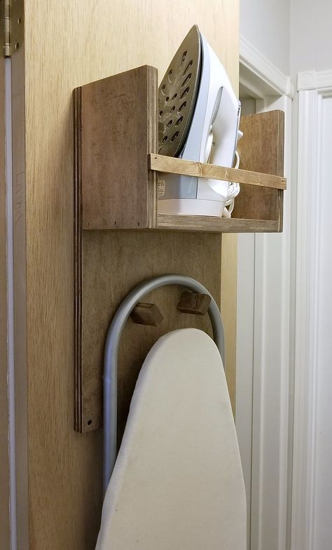 Hanging Ironing Board, Ironing Board Storage, Diy Ironing Board, Wooden Ironing Board, Ironing Board Holder, Wall Ironing Board, Ironing Boards, Decorating Crafts, Plywood Shelves