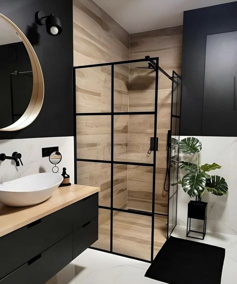 White Black And Wood Interior Design, Bathroom Black Vanity Ideas, Laundry Bathroom Ideas, Black White Wood Interior, Black And White Toilet, Black And Wood Bathroom, Bathroom Black And White, Modern Bathroom Trends, Black White Bathroom