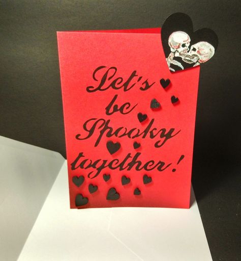 A unique handmade card available for purchase on Etsy via ChloeTheCraftWitch. The skeletons are gand painted and all hearts are wooden :) #crafts Halloween Love Cards, Valentines Presents For Him, Goth Valentines, Card For Valentines Day, Cricut Stencil, Spooky Basket, Valentines Gift Card, Diy Valentines Cards, Cute And Spooky