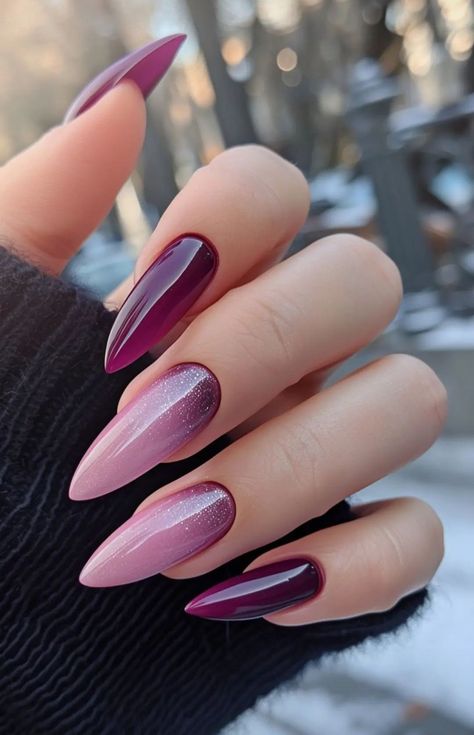 Crimson Color Nails, Simple Mauve Nails, 33 Birthday Nails, Plum Nail Color Design, Nail Feather Design, Long Almond Ombre Nails, October Nails Ideas Almond, Plum Pink Nails, Deep Purple Almond Nails