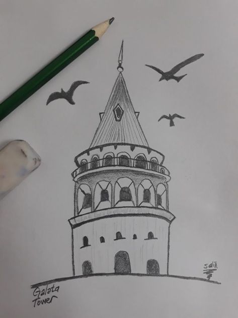 Galata Tower Sketch, Tower Sketch, Animal Sketches Easy, Tower Drawing, Easy Eye Drawing, Doddle Art, Architecture Drawing Sketchbooks, Easy Love Drawings, Architecture Design Sketch