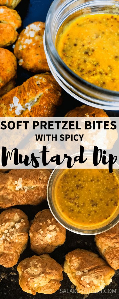 These Soft Pretzel Bites with Spicy Mustard Dip are the perfect snack for tailgating. Soft, chewy and bite size with a golden crust, they’re perfect for dunking into a delicious spicy mustard dip that gets a wonderful boost from the addition of hot sauce and maple syrup.  #pretzelbites #gameday #appetizer Pretzels With Mustard Dip, Pretzel Bites Dip, Dipping Sauce For Pretzel Bites, Soft Pretzel Dips Sauces, Soft Pretzel Mustard Dip, Spicy Mustard Pretzel Dip, Spicy Mustard Dip, Pretzel Bites Dipping Sauce, Pretzel Bite Dip