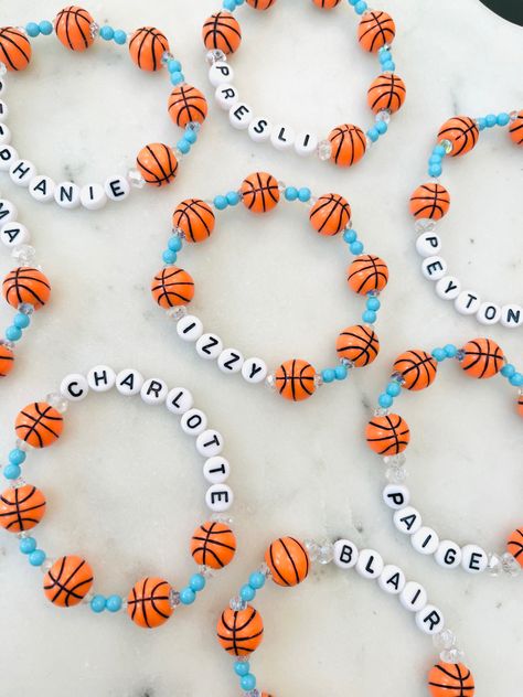 Basketball team bracelets! Custom order yours today! Basketball Friendship Bracelet, Team Gifts Basketball, Basketball Beaded Bracelet, Basketball Ideas Diy, Basketball Bracelets Diy, Basketball Crafts For Team, Basketball Clay Bead Bracelet, Basketball Team Christmas Gifts, Basketball Diy Gifts