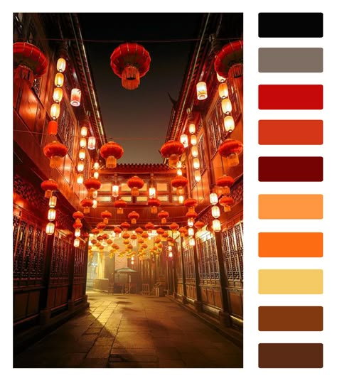 Colour Palette inspired by Jinli Street Chengdu China Chinese New Year Palette, Chinese Color Palette Inspiration, Chinese New Year Colour Palette, Carnival Colour Palette, Chinese Wedding Color Palette, China Color Palette, Chinese New Year Color Palette, Japanese Colour Palette, Japan Color Palette