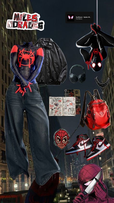 Spiderman / spiderman outfit inspo / outfit inspired by spiderman / spiderman suit with jeans / Miles morales outfit inspo Spider Man Hairstyles, Spidergwen Halloween Costume, Duo Halloween Costumes Spiderman, Spider Man And Batman Costume, Spider Man Into The Spider Verse Aesthetic, Spiderman Costume Miles Morales, Gwen Spiderverse Costume, Spiderman Pajamas Aesthetic, Spider Man Jordan 1s Outfit