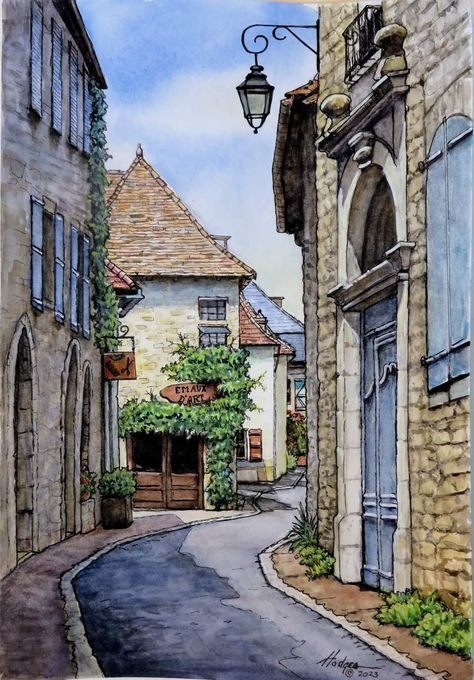 Street Drawing Watercolor, Building Art Watercolour, Alleyway Drawing Reference, Landscape With Building, Watercolour Buildings Paintings, Watercolour Urban Sketch, French Architecture Drawing, Building Drawing Watercolor, Watercolor Urban Sketching