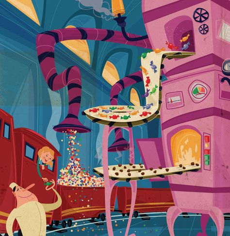 Candy Factory by Thomas Burns, via Behance Factory Illustration, Wonka Chocolate Factory, Cookie Factory, Sweet Factory, Wonka Chocolate, Graphic Portfolio, Candy Factory, Candy House, House Sketch