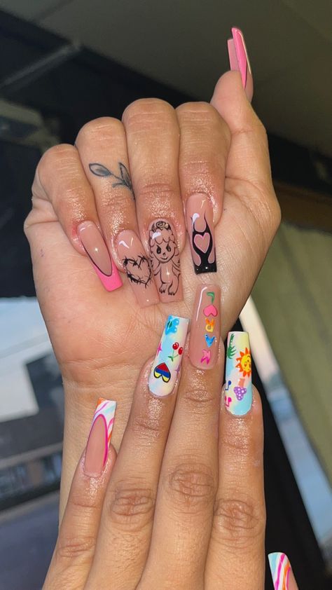 Gelx nails #gelnails #gelnails Msb Karol G Nails, Gel X Hello Kitty, Karol G Heart On Nails, Hellotefi Nails, Karol G Nails, Hello Kitty Drawn Nails, G Nails, Hello Kitty Nails, Really Cute Nails