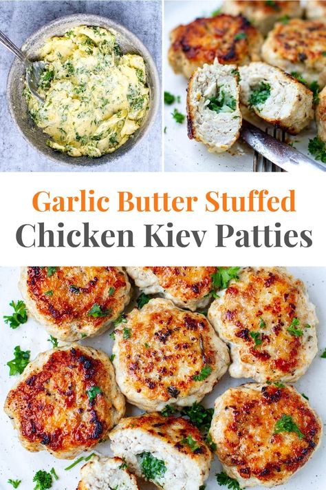 Stuffed Chicken Kiev Patties Chicken Patties Recipes, Chicken Rissoles, Chicken Kiev Recipe, Chicken Patty Recipes, Parsley Butter, Cooking Avocado, Chicken Kiev, Salads To Go, Leafy Green Salads