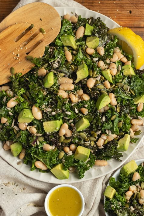 Kale White Bean Salad - Sprinkled With Balance Kale White Bean, Curly Kale, Salad Fingers, Kale Salad Recipes, White Bean Salad, Raw Pumpkin Seeds, Sausage Dishes, Sauteed Kale, Beautiful Salad