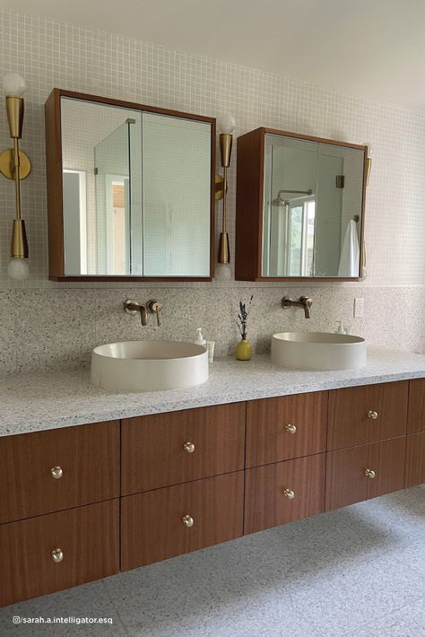 Did you know that you can mount multiple Godmorgon vanities side by side to extend the overall length your vanity? Sarah did just that in this bathroom remodel, and utilized our Quarter Sawn Mahogany Natural Wood Slab fronts and panels to create ample amounts of storage in this bathroom.

We also create custom panels to wrap the mirros so they matched the vanities below, which completely ties all of the cabinetry together! Ikea Godmorgon Vanity, Godmorgon Vanity, Ikea Bathroom Vanity, Bathroom Setup, His And Hers Bathroom, Ikea Godmorgon, Custom Bathroom Cabinets, Cabinet Faces, Ikea Bathroom