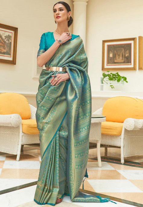 Woven Art Silk Saree in Teal Blue Green And Blue Saree, Red Sequin Saree, Saree Kanchipuram, Vs Image, Blue Silk Saree, Purple Weave, Sequin Saree, Silk Saree Kanchipuram, Handloom Weaving