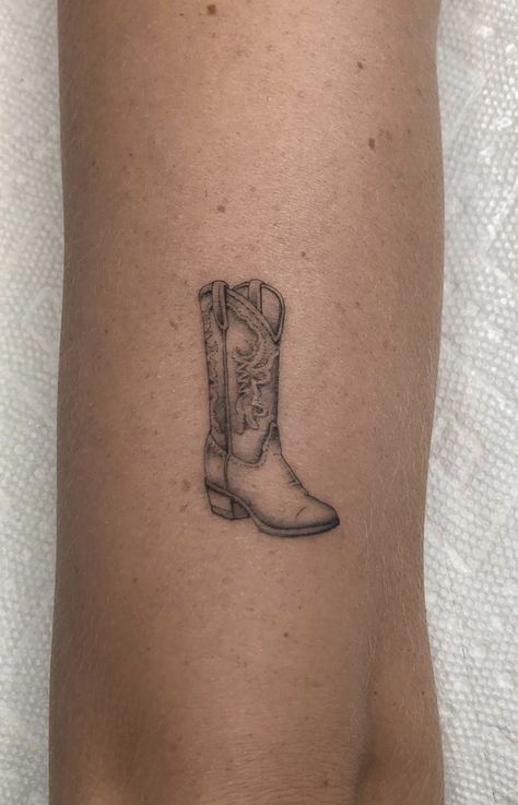 Dainty Cowgirl Boot Tattoo, Cowboy Boot Stamp Tattoo, Simple Boot Tattoo, Fineline Cowgirl Tattoo, Country Road Tattoo, Durango Tattoo, Minimalist Cowboy Boot Tattoo, Vintage Western Stamp Tattoo, Cowboy Boot Tattoo Ankle