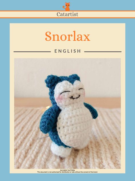 This 3-sentence summary provides the essential information about the crochet pattern document for a Snorlax amigurumi:
The document includes instructions for making the body, face, belly, ears, arms and legs of a Snorlax amigurumi toy using various colors of yarn with a 3mm crochet hook. It also provides the materials needed and terminology used in the pattern. The document notes that the pattern is a paid pattern and outlines terms of use for the purchaser. Snorlax Amigurumi Pattern Free, Snorlax Crochet Pattern Free, Crochet Snorlax Bean Bag, Snorlax Crochet, Giant Snorlax Crochet Pattern, Amigurumi Toys, Crochet Hook, Crochet Amigurumi, Crochet Hooks