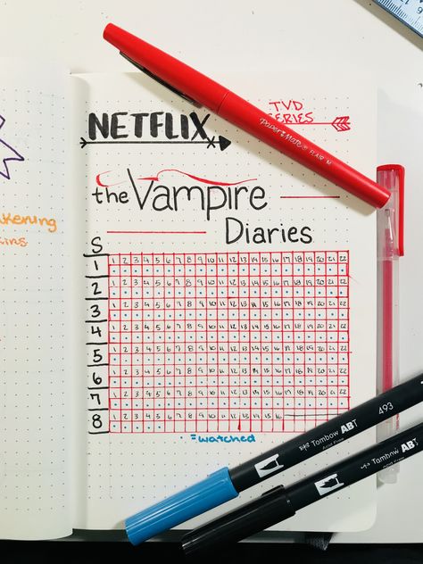 Bullet Journal » Netflix « The Vampire Diaries Bullet Journal Netflix, Vampire Diaries Books, Vampire Diaries Movie, Bullet Journal Mood Tracker Ideas, Journal Lists, Daily Planner Pages, Bullet Journal Notebook, Bullet Journal Design Ideas, Diary Ideas