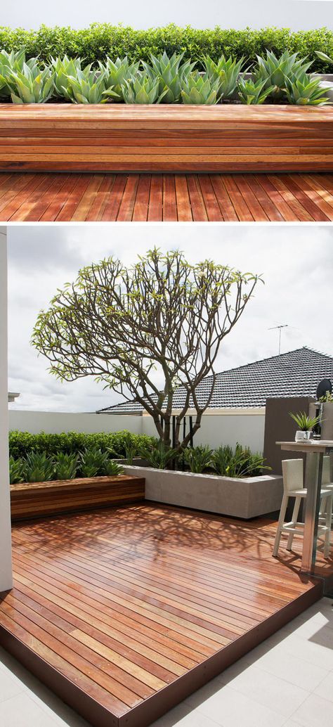 12 Ideas For Including Built-In Wooden Planters In Your Outdoor Space // These wood planters are made from the same wood as the rest of the deck in this backyard and make the space feel warm and inviting. Contemporary Deck, Small Patio Design, Backyard Decks, Small Patio Decor, Wood Decking, Contemporary Patio, Wooden Deck, Have Inspiration, Rooftop Garden