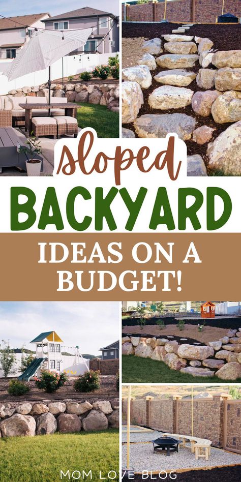 Collage of DIY sloped backyard ideas on a budget. Diy Sloped Backyard Ideas, Sloped Backyard Ideas, Minimalist Backyard, Entertaining Garden, Backyard Transformation, Backyard Renovation, Fun Backyard, Kids Play Spaces, Backyard Ideas On A Budget