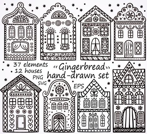 Vintage Christmas Village Illustration, Ginger Bread Houses Drawing, Ginger Bread Design, Gingerbread Christmas Art, Gingerbread Houses Drawing, Paper Gingerbread House Craft, Black Gingerbread House, Gingerbread House Drawings, Gingerbread House Art Project