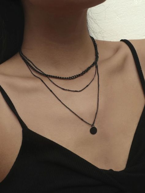 Disc Charm Layered Necklace | SHEIN Leather Chokers, Disc Pendant, Station Necklace, Faux Pearl Necklace, Black Necklace, Cute Necklace, Black Chain, Gold Tone Necklace, Multi Strand Necklace