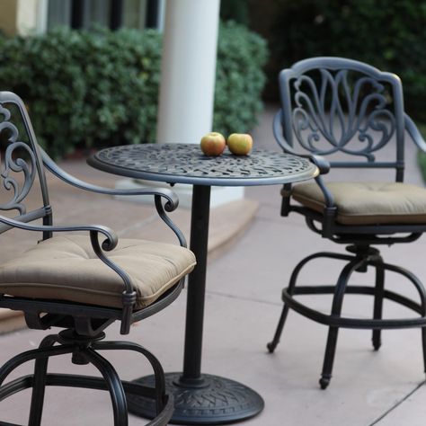 Darlee Elisabeth 3 Piece Cast Aluminum Patio Counter Height Patio Bar Set With Swivel Bar Stools available at Ultimate Patio. A signature... Cast Aluminum Patio Furniture, Aluminum Patio Furniture, Outdoor Bar Sets, Patio Bar Stools, Patio Bar Set, Bar Patio, Outdoor Bar Table, Aluminum Patio, Outdoor Stools