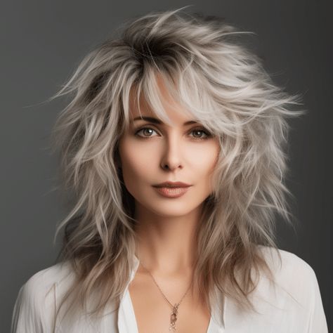 Shaggy Mullet For Women Medium, Curl Shag Hairstyles, 2024 Grey Hair Trends, Stevie Nicks Shag Haircut, Hair Styles For Face Shapes, Rachel Welch Hairstyles, Shattered Shag Haircut, Shaggy Rocker Hair, Shaggy Lob For Fine Hair Round Face