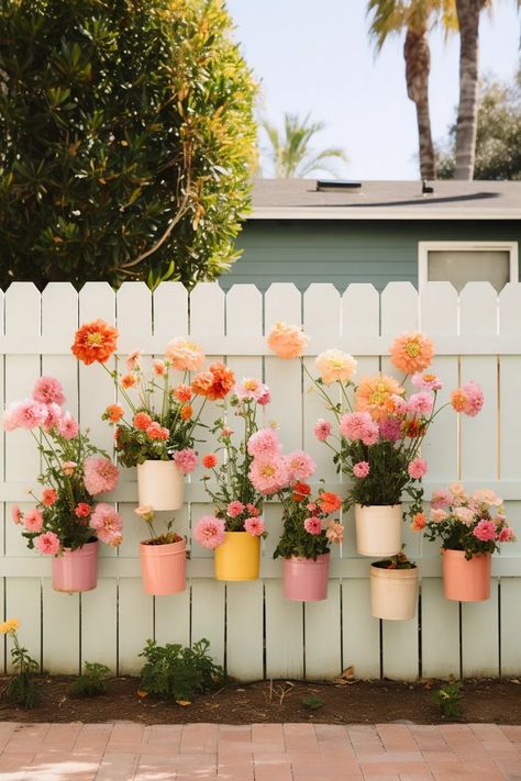 Flower Garden At Home, Spring Backyard Ideas, Painting Backyard Fence, Pastel Garden Aesthetic, Flower Fence Ideas, Flower Pots On Fence, Plants On Fence Ideas, Small Fenced In Backyard Ideas, Plant Fence Ideas