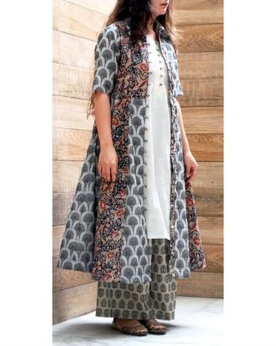 Panelled Jacquard Cape Dress Open Shirt Design, Fashion Designer Dresses, Shirt Design For Girls, Cotton Tops Designs, The Secret Label, Stylish Kurtis Design, Open Shirt, Simple Kurta Designs, Simple Kurti Designs