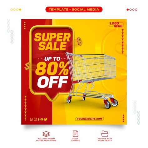 Retail Social Media Design, Discount Social Media Design, Supermarket Social Media Design, 50% Off, Sale Social Media Design, Super Sale Poster, Supermarket Poster, Animal Pictures For Kids, Template Facebook