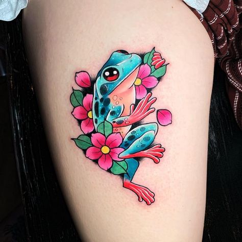 Neon Traditional Tattoo Design, Pretty Frog Tattoo, Color Frog Tattoo, Girly Frog Tattoo, Colorful Frog Tattoo, Frog Tattoos For Women, Neo Traditional Frog, Neo Trad Tattoo Design, Traditional Frog Tattoo