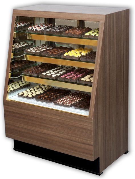 Front Glass Design, Chocolate Display, Wood Phone Holder, Corner Display Cabinet, Brown Laminate, Bakery Display Case, New Ceiling Design, Corner Display, Candy Display