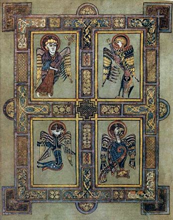 The four Evangelists are often represented in Christian art as  winged creatures: Matthew as a winged man, Mark as a lion, Luke as a bull and John as an eagle.  This is after the vision of the prophet Ezekiel in the Old Testament. Trinity College Library, The Book Of Kells, Four Gospels, Book Of Kells, Viking Art, Celtic Art, Illuminated Manuscript, Medieval Art, New Testament