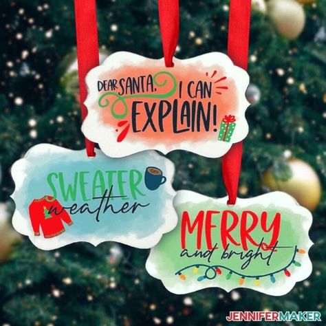 DIY sublimation ornaments on a Christmas tree Cricut Christmas Ornaments, Sublimation Christmas Ornaments, Ornaments Wood Slice, Ink Ornaments, Sublimation Ornaments, Vinyl Ornaments, Floating Ornaments, Jennifer Maker, Infusible Ink Transfer Sheets