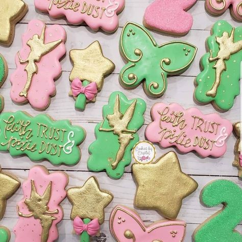 Faith, Trust  and Pixie Dust! Check out these Tinkerbell cookies. #CookiesByCrystal #tinkerbell #tinkerbellcookies #fairycookies… Tinkerbell Cookies, Fairy Cookies, 30th Birthday Party Themes, Tinkerbell Party Theme, Sweetheart Dance, Faith Trust And Pixie Dust, Tinkerbell Birthday, Spring Baking, Tangled Party