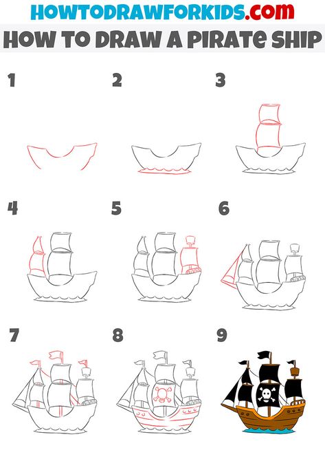 Draw A Pirate Ship, Pirate Ship Painting, Pirate Ship Drawing, Pirate Symbols, Ship Sketch, Kindergarten Drawing, Pirate Ship Art, Pirate Boats, Draw Step By Step