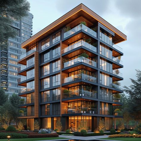 Contemporary Building Design, 8 Story Apartment Building, Building Apartment Design, Luxury Apartment Building Exterior, Housing Complex Architecture, Modern Facade Architecture, Apartment Exterior Design, Apartment Building Exterior, Condominium Architecture