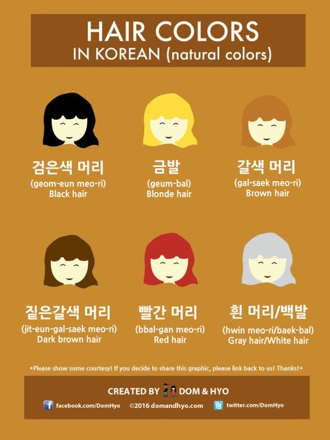 Hair color vocabulary in korean Colors In Korean, Natural Hair Colors, Learn Basic Korean, Learn Korean Alphabet, Korean Colors, Bahasa Jepun, Learn Hangul, Learn Korea, Korea Language