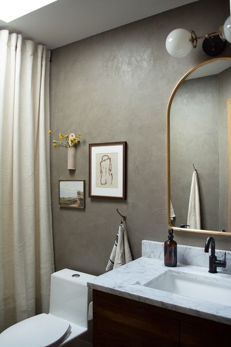 Tour Our Kid's Bathroom | BREPURPOSED Moody Limewash Bathroom, Antique Modern Bathroom, Organic Modern Small Bathroom, Dark Taupe Bathroom, Neutral Aesthetic Bathroom, Urban Bronze Bathroom, Roman Clay Bathroom, Luxurious Guest Bathroom, Vintage Bathroom Wall Decor