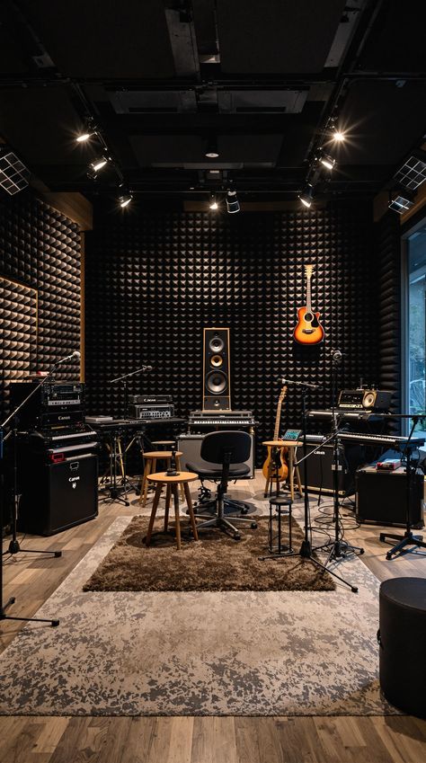 Dark Aesthetic Decor In House Recording Studio, Music Studio In House, Aesthetic Recording Studio, Music Studio Aesthetic Dark, Recording Music Aesthetic, Studio Music Room Design, Music Studio Room Luxury, Music Studio At Home, Podcast Studio Aesthetic