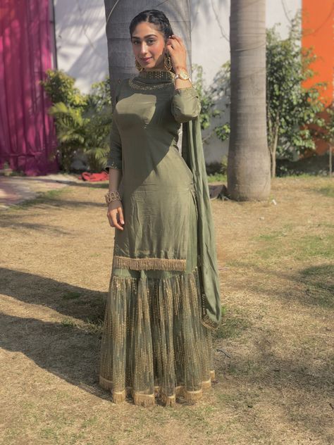 Olive green designer grrara suit (punjabi suit) Sage Green Punjabi Suit, Olive Green Suit For Women, Green Indian Suit, Green Suit Women, Kurti Anarkali, Olive Green Suit, Green Dress Outfit, Suit Punjabi, Saree Painting