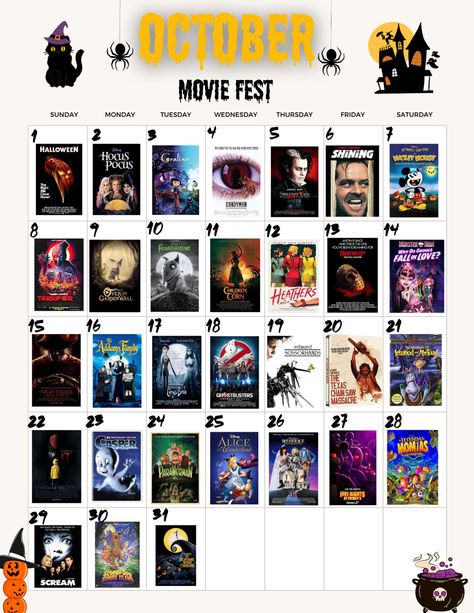 30 Halloween Movies, Halloween Movies For Everyday Of October, Halloween Movies To Watch Every Day Of October, October Horror Movie Calendar, October Scary Movie Calendar, Scary Movie Calendar, Horror Movies To Watch In October, October Movie Watchlist, October Halloween Movie Calendar