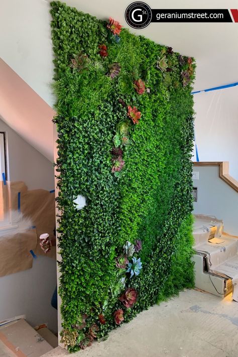 Shrub Wall Indoor Bedroom, Living Wall Backdrop, Faux Greenery Wall Outdoor Patio, Faux Greenery Wall Indoor, Diy Faux Living Wall Indoor, Fake Grass On Wall, Grass And Flower Wall, Grass Wall Aesthetic, Faux Greenery Wall Bedroom