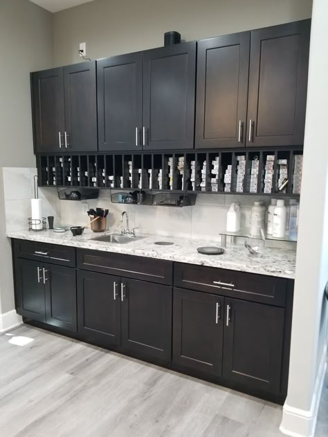 Ikea Cabinets For Salon, Salon Mixing Station Ideas, Hair Salon Backbar Ideas, Salon Backsplash Ideas, Beauty Salon Layout Ideas Floor Plans, Salon Back Room Ideas, Beauty Salon Organization Ideas, Salon Build Out, Hair Dresser Design Ideas