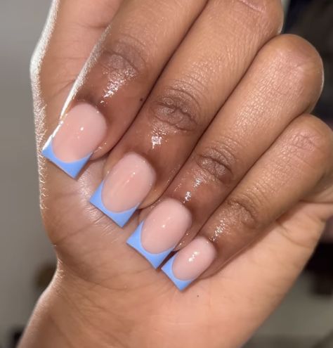 Light blue french tip • pin: msnotreal • Light Blue French Tip Short Nails, Cute Light Blue French Tip Nails, Light Blue Nails French Tip, Sky Blue French Tip Nails, Light Blue Short French Tips, Short Nail Blue French Tip, Light Blue French Tip With Dark Blue Outline, Light Blue French Tips, Light Blue Nails Short