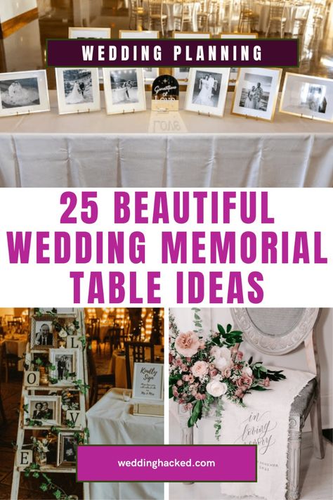 25 Beautiful Wedding Memorial Table Ideas For Your Wedding Reception Decor. This post goes over signage, flowers, candles, chair and table display ideas to create a sweet and beautiful wedding memory table display. Wedding Storage Ideas, Wedding Table Of Honour, Our Love Story Table Wedding Ideas, In Memory Ideas For Wedding, Wedding Entry Table Ideas Entrance, Remembrance Table At Wedding Receptions, Pictures Wedding Display At Reception, How To Remember Loved Ones At Wedding, Memorial Table For Wedding