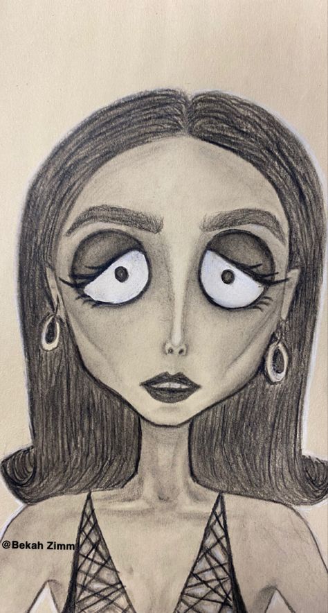 Emma Chamberlain Sketch, Tim Burton Type Drawings, Tim Burton Style Portraits, Tim Burton Eyes Drawing, Tim Burton Art Drawings, Tim Burton Art Style Tutorial, How To Draw Tim Burton Style, Tim Burton Inspired Drawings, Tim Burton Drawings Sketches