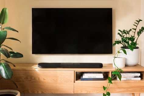 Mounted Tv And Sound Bar, Soundbar Ideas Living Rooms, Tv With Sound Bar On Wall, Tv Sound Bar Ideas, Sound Bar Under Tv, Sound Bar Mounting Ideas, Soundbar Mounting Ideas, Soundbar Ideas, Under Tv Ideas