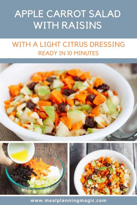 This delicious Apple Carrot Salad with Raisins and a light citrus dressing takes only 10 minutes to prepare. It’s perfect as a side dish or light lunch salad on it's own! Carrot Salad With Raisins, Apple Carrot Salad, Carrot Apple Salad, Bound Salad, Salad With Raisins, Carrot Raisin Salad, Lunch Salad, Citrus Dressing, Light Salad