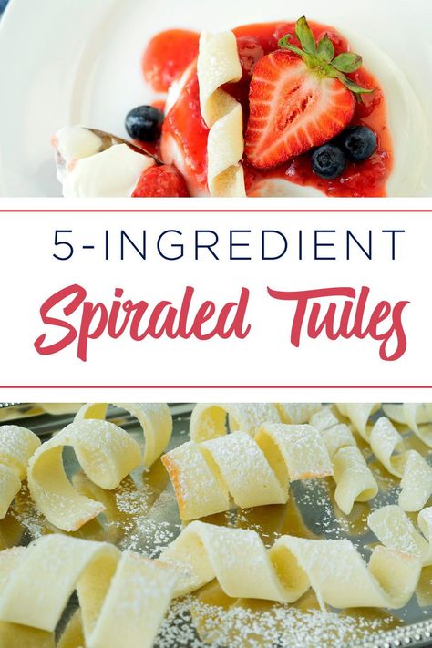 Make homemade tuiles with a simple five-ingredient batter in fun spiral shapes to have with coffee or decorate your favorite desserts. #barbarabakes #cookierecipes #cookierecipeseasy #cookies #tuilesrecipe #decorativecookierecipe #spiralcookiehowto Tuiles Recipe, Chocolate Chip Mint, Homemade Cookie Recipes, Dessert Charcuterie, Panna Cotta Recipe, Cookies Chocolate Chip, Charcuterie Ideas, Homemade Cookie, Cookie Recipes Homemade